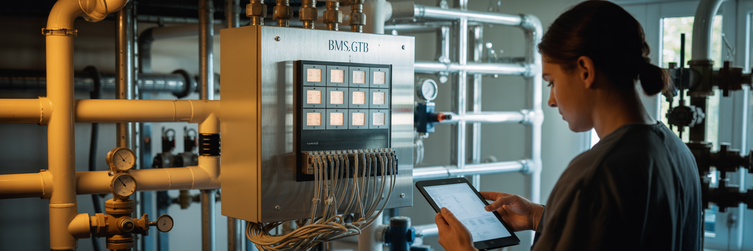 Armoire de contrôle GTB/BMS murale avec LED d’état, câbles rangés et technicien consultant une tablette dans un local technique avec tuyaux hydroniques isolés jaunes, vannes et manomètres.