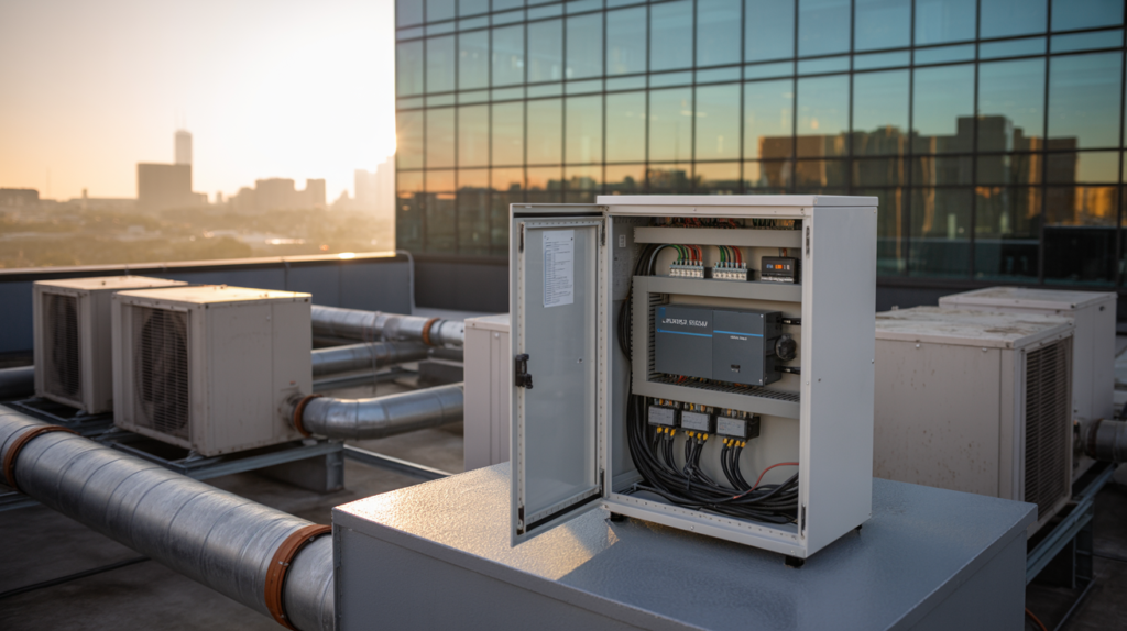 Armoire de contrôle électrique ouverte sur un toit commercial au lever du soleil, câbles organisés et contrôleur GTB avec LED bleues, unités CVC en arrière-plan.