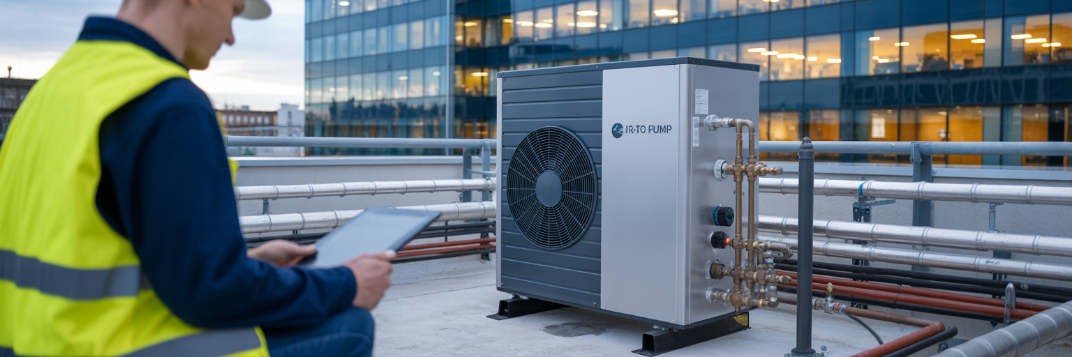 Technicien inspectant une pompe à chaleur air-eau sur le toit d’un immeuble de bureaux, avec tuyaux isolés et façade vitrée en arrière-plan.